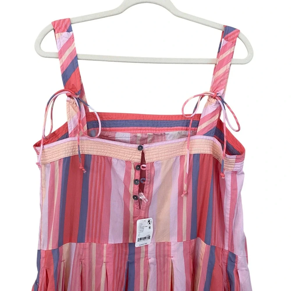 Free People NWT Primavera Cotton Tie Straps Stripe Midi Dress in Pink Size Large